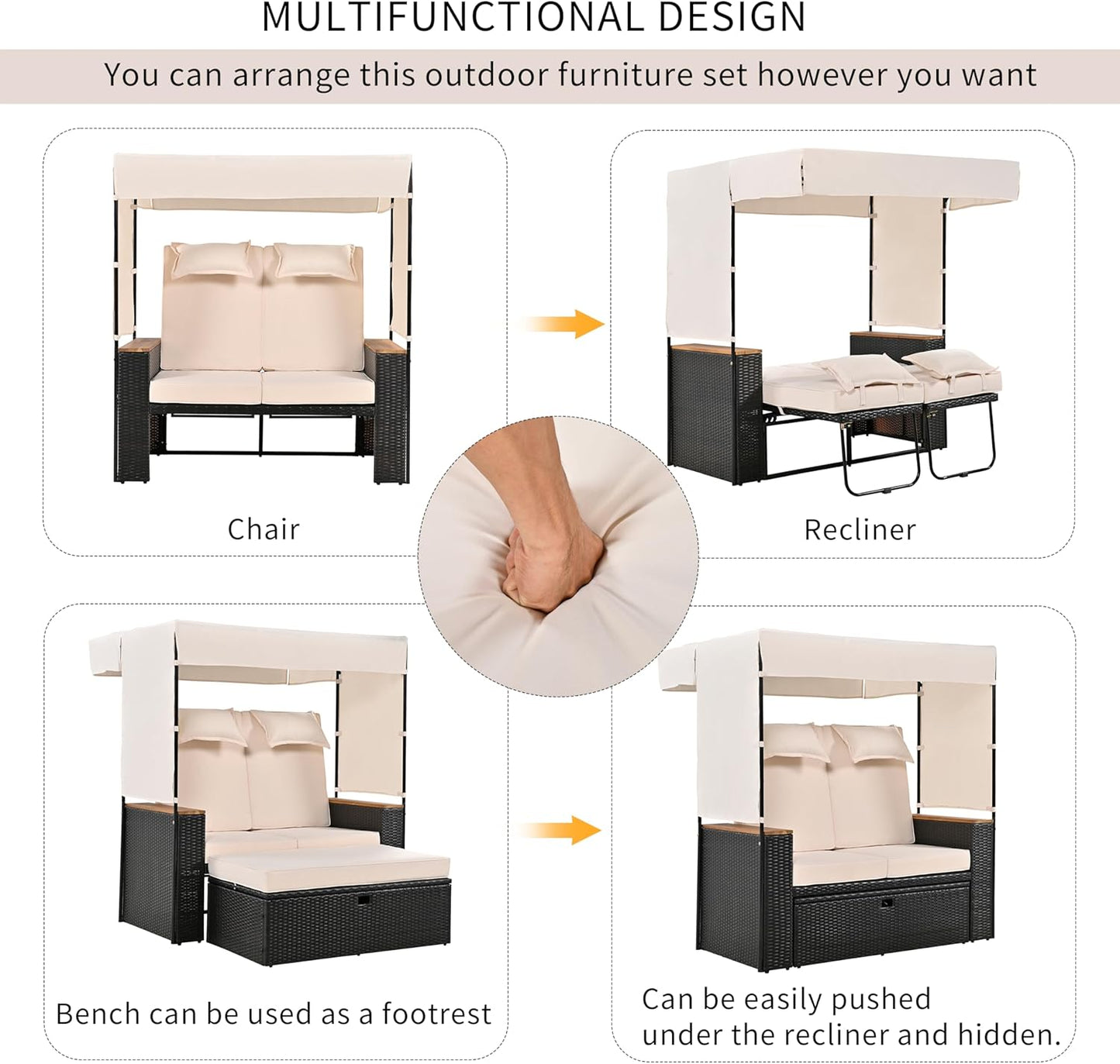Merax 2-Piece Outdoor Rattan Daybed, Wooden Handrail Table Patio Loveseat Sofa Bed with Bench Lounge Roof Set and Cushions for Poolside, Backyard and Garden, Beige