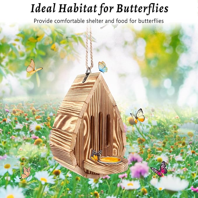 Wooden Butterfly House and Feeder, Hanging Butterfly House for Garden, Natural Butterfly Habitat with Butterfly Puddler for Outside Butterflies, Moths - Backdoor, Easy to Clean