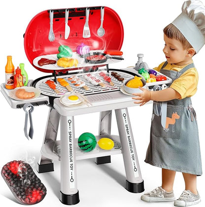 68 Pcs BBQ Grill Playset - with Smoke, Light, Sound & Play Food, Kids Toys Kitchen Play Set, Outdoor Play Grill Toy for Toddlers 3 4 5 6 7 8, Birthday Gifts for 3-8 Years Old Boy Girls