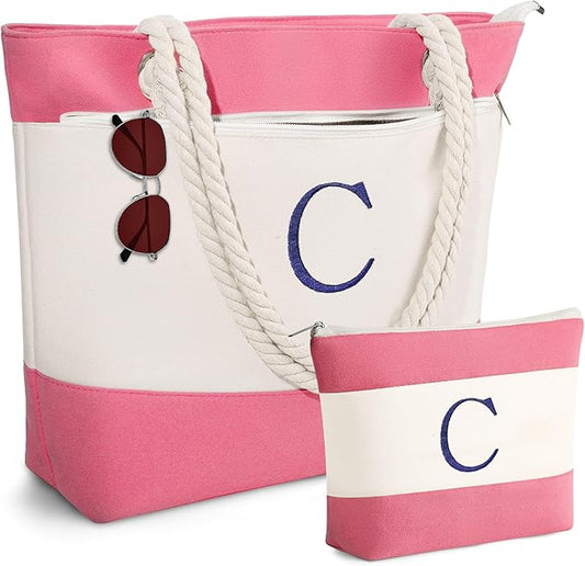 YOOLIFE Beach Bags for Women - Initial Tote Waterproof Bag with Makeup Bag, Mothers Day Gifts for Women Mom Friend Birthday