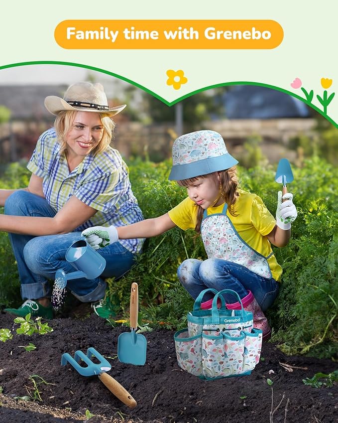 Kids Gardening Set Toys, Quality Garden Tool Kit for Kids and Toddlers, Includes Two Shovels, Garden hat,Rake, Apron,Gloves, Watering Can, and Tool Bag (Blue)