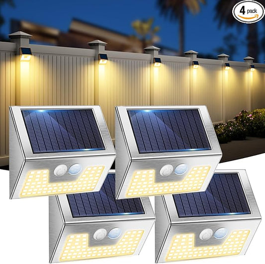 4 Pack Solar Lights Outdoor Motion Sensor, Waterproof Fence Lights 3 Lighting Mode, Warm White LED Outside Light Wireless for Fence Wall Yard Steps Stairs Garden -Stainless Steel