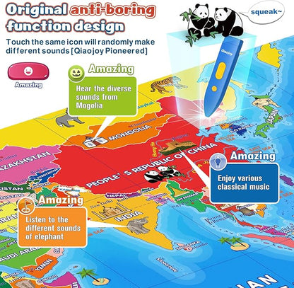 Bilingual Interactive World Map for Kids Learning and Educational Toys, Talking Electronic Kids World Map i-Poster Geography Games Ages 3 to 12 Years Old, Custom Talking Birthday Gifts Card