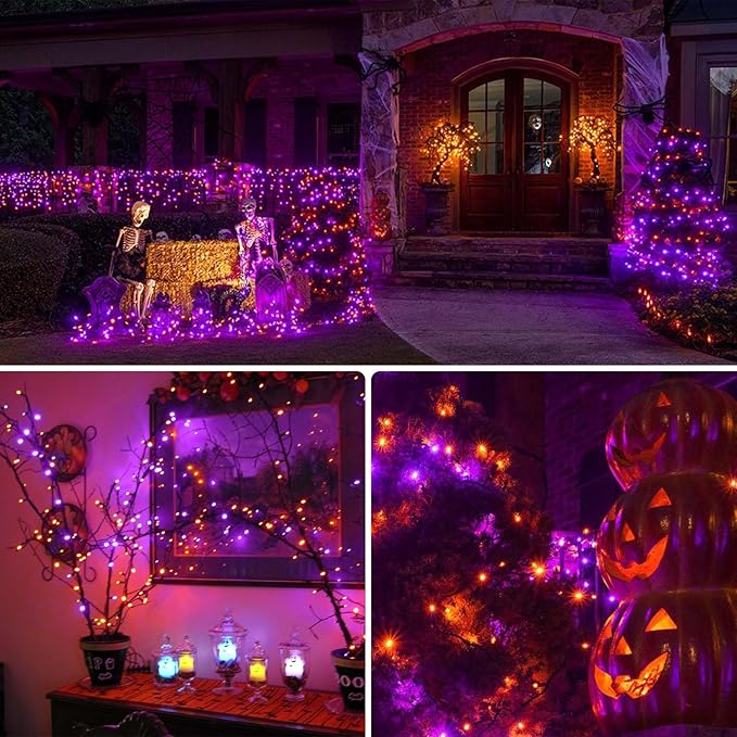 2-Pack 66FT 200 LED Extendable Halloween Lights, Orange and Purple Halloween Decorations Outdoor Indoor Tree Lights with Timer and Memory Function, Plug in Mini Light Waterproof with 13 Lighting Modes
