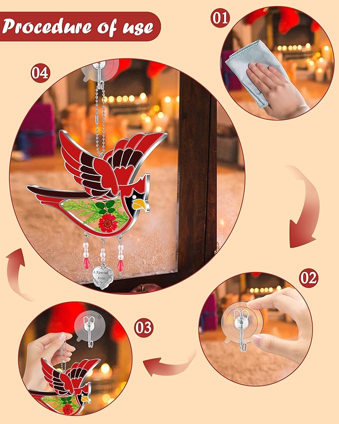 KY&BOSAM Cardinal Suncatcher A Special Aunt Had-Painted with Pressed Real Flower Wings Mother's Day Glass Hanging for Window Ornament with Metal Heart Charm Birthday Gift for Women Unique