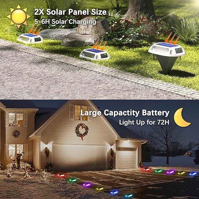 Solar Driveway Lights Dock Deck Lights 4 Pack, 9 Colors in 1, LED Driveway Markers Deck Lights IP68 Waterproof Outdoor Solar Powered Warning Step Lights for Pathway RGB