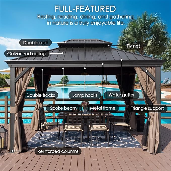 Kozyard Alexander 12‘ X 16’ Hardtop Aluminum Permanent Gazebo with a Mosquito Net and Privacy Sidewalls, Permanent Gazebo Pavilion for Patio, Backyard (Alexander 12'x16' (Brown))