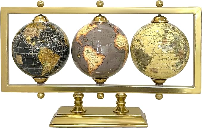 Rely+ Set of 3 4'' World Globes Sturdy Metal Gold Stand (NOT PLASTIC!) - Rotating Desktop Globe For Geographic Home Decorative Desk Table Office Gift - Book Shelf Decor World Globe - Landscape