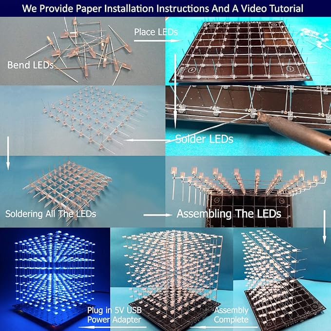 3D Led Cube Light DIY Kit with 3D Animation Editing Software Squared LED 8x8x8 Electronic Toy for Children and Teenagers Learning Activities Suit(3D8S-BLUE)