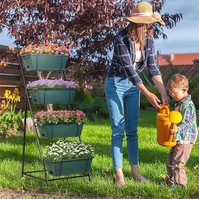 Raised Garden Bed 4 Tier Vertical Garden Planter Herb Garden Planter Outdoor with Drainage Holes Removable Tray for Patio Balcony Porch (Green)