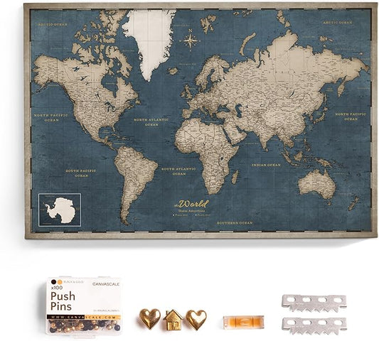 Canvas World Map with Cork Pin Board - English Lettering - Decorative Wall Decoration for All Rooms - Canvas Pictures with World Map Motif (90x60 cm, Pattern 18)