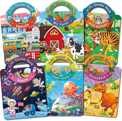 6 Sets 3D Reusable Sticker Books for Toddlers, Puffy Activity Books for Kids Ages 3-5, Travel Sticker for Kids 3 4 5 6 Years Old Girls & Boys Birthday Gifts