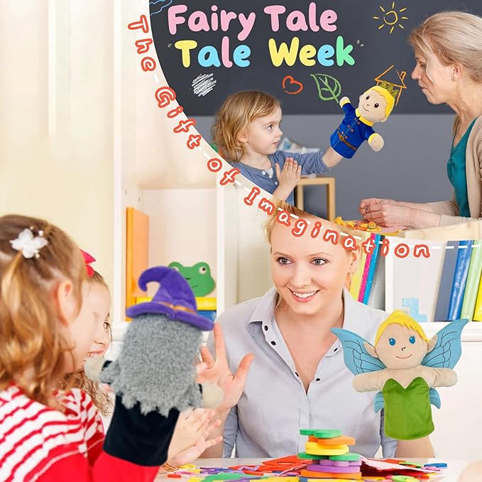 6 PCS Puppet Set 12 Inch, Fairy Tale Members Elf Plush Puppets Toddlers 1-3 Princess Hand Puppet for Kids Ages 4-8,Soft Puppets for Storytelling Teaching Preschool Role Play Puppet Toy for Boy Girls