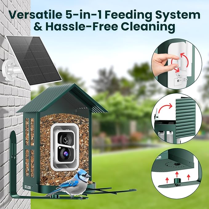 SOLIOM Solar Bird Feeder with Camera for Outdoors - AI Smart Birdhouse, 2K Live View & Instant Alerts, Squirrel Proof - Perfect Bird Watching Gift (Green)