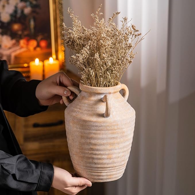 Vintage Terracotta Ceramic Vase with Handles, Rustic Beige Pottery Tulip Vase for Cottage Core Home Mantle Decor, Farmhouse Table Centerpieces, Large Bulk Flower Vases Jarrones Decorativos para Sala