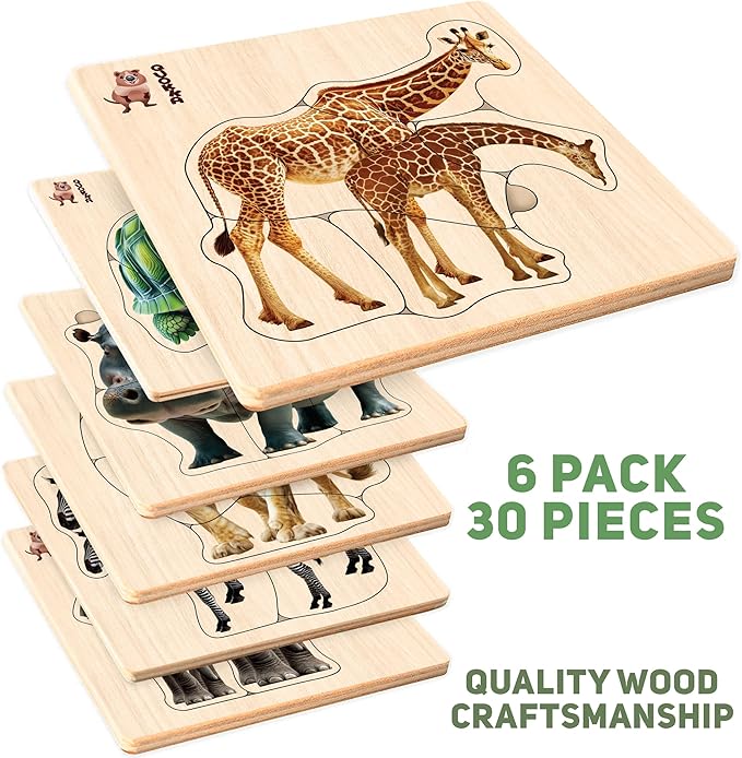 QUOKKA Realistic Wooden Puzzles for Toddlers 1-3 Year Old - 5,9 x5,9 Inches Kids Puzzles Ages 2-4 - Safari Montessori Toddler Toys - Motor Skills Games Gifts for Boys and Girls