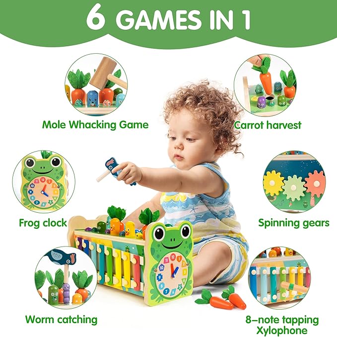 6-in-1 Wooden Montessori Toy with Mole Whacking Game & Xylophone for 1-5 Year Old Toddler, Activity Cube for 12+ Month Baby, Multipurpose Early Learning Toy with Frog Clock, Birthday Gift for Boy/Girl