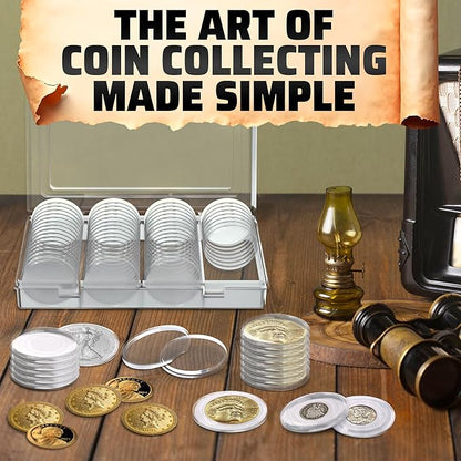 60 Pcs Silver Dollar Holder Case - Universal Sizes (30/33/38/40mm) with Foam Gaskets and Moisture Protection - Transparent Plastic Capsules with Organizer Box for Collectors