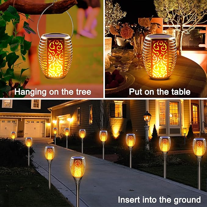 Large Solar Torch Light with Flickering Flame, Upgraded 3-in-1 Solar Fire Lights Outdoor Hanging Lanterns, Festival Decorations Solar Powered Tiki Torches for Garden, Pathway, Lawn, Yard