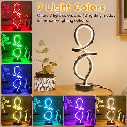 Mayful Modern RGB Table Lamp with LED Spiral Design, Black Bedside Lamp & Nightstand Lamp, Touch Dimmable with 7 Colors & 10 Modes for Bedroom, Living Room, Home Office, 15W