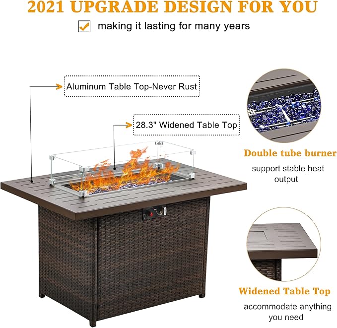 LayinSun 44" Propane Gas Fire Pit Table, 55000 BTU Rectangular Fire Pit with Glass Wind Guard for Outside Patio Deck Garden Backyard Brown-Aluminum Top
