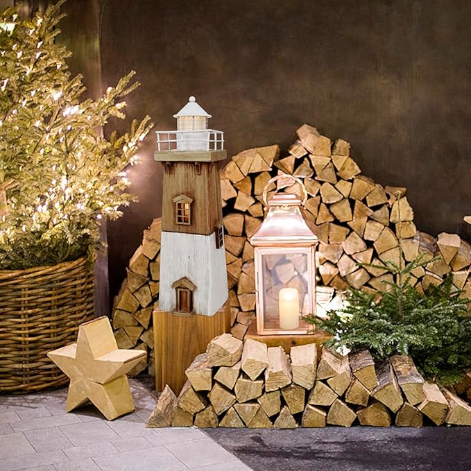 Wooden Lighthouse Decor with Light, Decorative Nautical Lighthouse Rustic Ocean Sea Beach Themed Lighthouse Decoration, Handcrafted Tabletop Nautical Themed Home Decor Bathroom Decor (13.78“H)