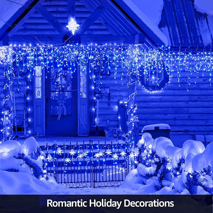 Solar Christmas Lights Outdoor Waterproof Christmas Decorations Curtain Lights 320LED 29.5ft 60 Drops, Solar Powered Rechargeable Fairy Lights for Party, Wedding, Home Decorations(Blue)