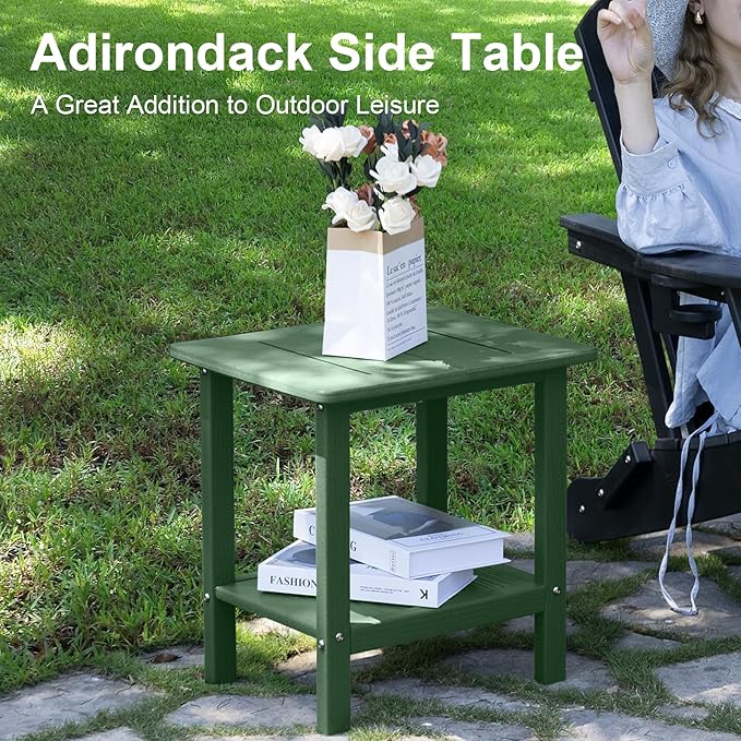 Outdoor Side Table - 2-Tier Storage All Weather Outdoor End Table for Patio - HDPE Morden Easy Maintenance Adirondack Side Table for Pool Porch Balcony Garden Lawn Backyard Outside Indoor