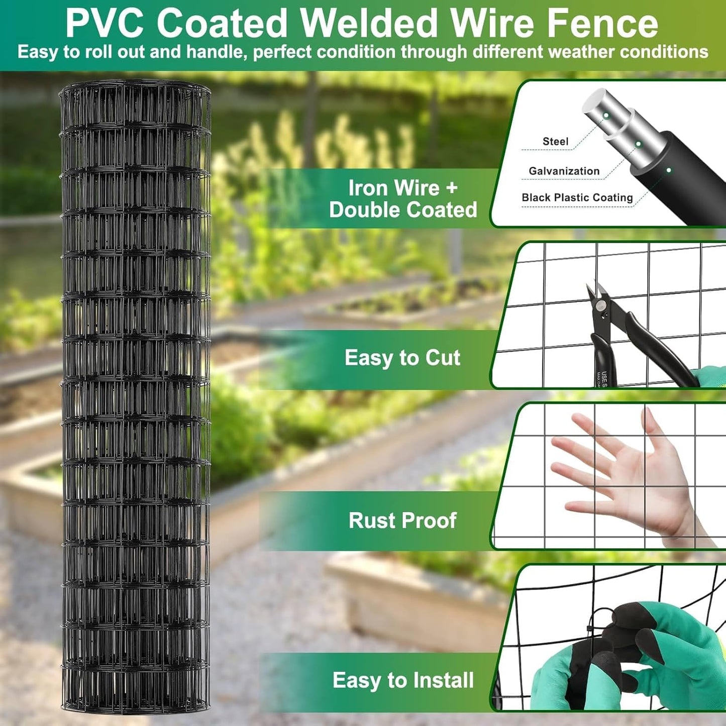 Black PVC Coated Welded Wire Fence 24 Inch x 49 Foot, 2.4" x 2.4" 14GA Garden Fence Roll Vinyl Coating Metal Wire Mesh Fence for Yard Vegetable Plant Protection Outdoor Dogs Poultry Netting