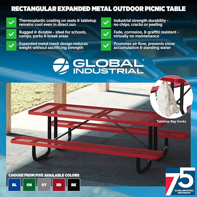 Global Industrial 6’L Rectangular Picnic Table, Expanded Metal, Red Thermoplastic Coating, Attached Benches, 1-1/2” Umbrella Pole Hole, Outdoor-Rated, 1000 lb Capacity, 72” x 30” Tabletop