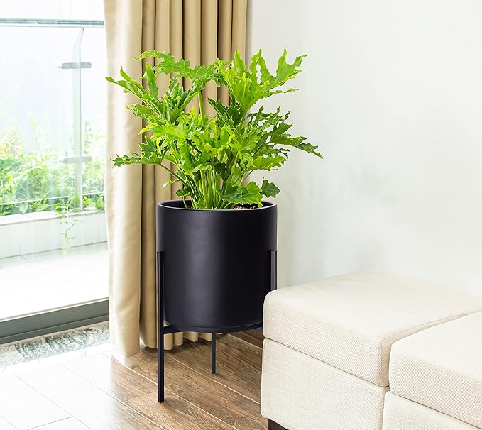 D'vine Dev Modern Black Plants Pot Cylinder Planter with Heavy Duty Stand, Medium 10 Inch Pot, 16.3 Inch with Stand Height, 96-T-B-2
