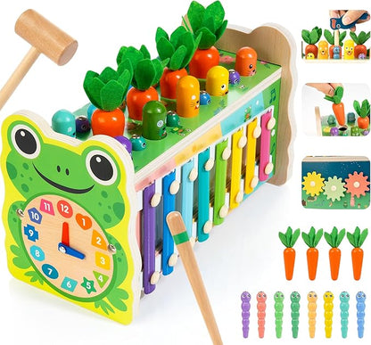 6-in-1 Wooden Montessori Toy with Mole Whacking Game & Xylophone for 1-5 Year Old Toddler, Activity Cube for 12+ Month Baby, Multipurpose Early Learning Toy with Frog Clock, Birthday Gift for Boy/Girl