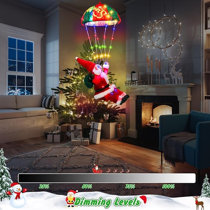 Christmas Decorations Lights, 88 LED Christma Parachute with Santa, 11 Modes Christmas Light Outdoor, Hanging Colourful & Warm White Xmas Lights, Holiday Porch Garden Party Decor