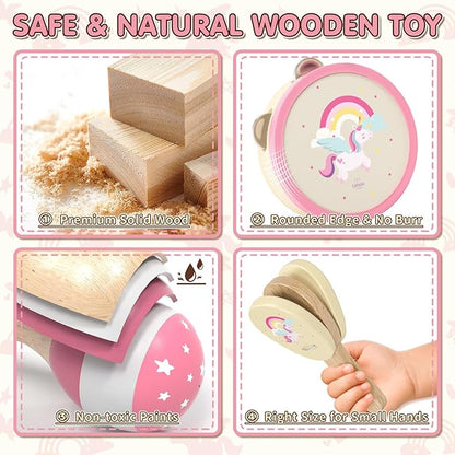 Baby Musical Instruments for Toddlers 1-3, Montessori Wooden Toys for 1 Year Old, Xylophone Maracas Percussion Set with Storage Bag, Learning Toys for Boys Girls Age 2-4, Christmas Birthday Gift, Pink