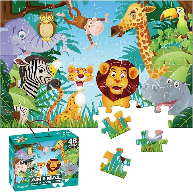 Jumbo Floor Puzzle for Kids Ages 3-5,48-Piece Preschool Learning Development Toys Large Floor Puzzle for Toddlers&Kids Ages 4-8 Years Old, Best Gift for Boys and Girls (3 x 2 Feet) (Animal)