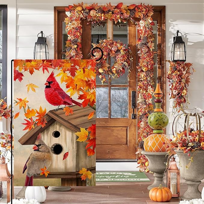 BLKWHT Fall Cardinal Bird Garden Flag 12x18 Vertical Double Sided Maple Leaves Welcome Autumn Thanksgiving Holiday Outside Decorations Burlap Yard Flag BW829