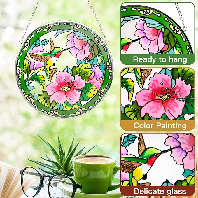 Godferyxin Stained Glass Suncatcher Handmade Glass Hummingbird Suncatcher 8" Stained Glass Hanging Decoration for Window or Wall for Mom,Grandma,Teacher,Friend