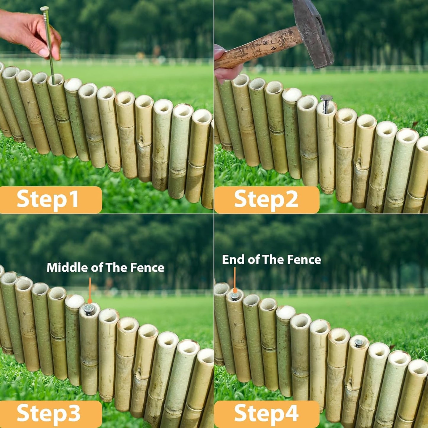 8x39IN Natural Bamboo Edging, Bamboo Garden Border Edging, Outdoor Landscape Edging for Decorative Garden, Patio Flower Garden Bed, Lawn, Yard, Pool Fences（1Pc with 3 Short Poles）