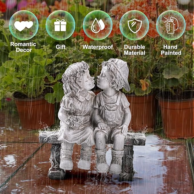 Lily's Home First Kiss Resin Garden Statue, Little Girl and Boy Kissing Yard Miniature Figurine,Small and Exquisite, 9 Inch