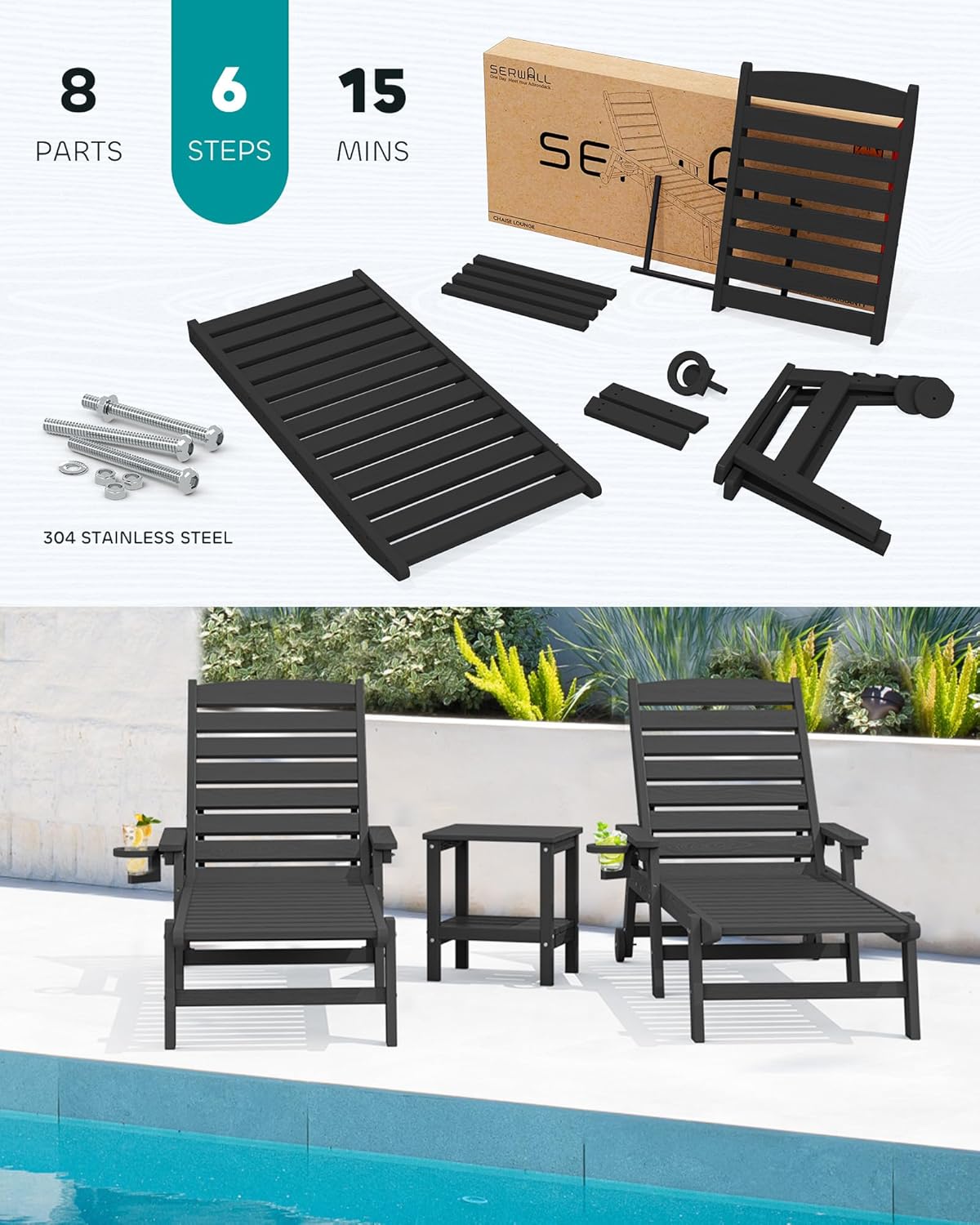 SERWALL Patio Chaise Lounge Chair, 78'' Long HDPE 5 Positions Adjustable Outdoor Lounger, Poly Lounge Chair with Rolling Wheels & Cup Holder for Pool, Obsidian Black