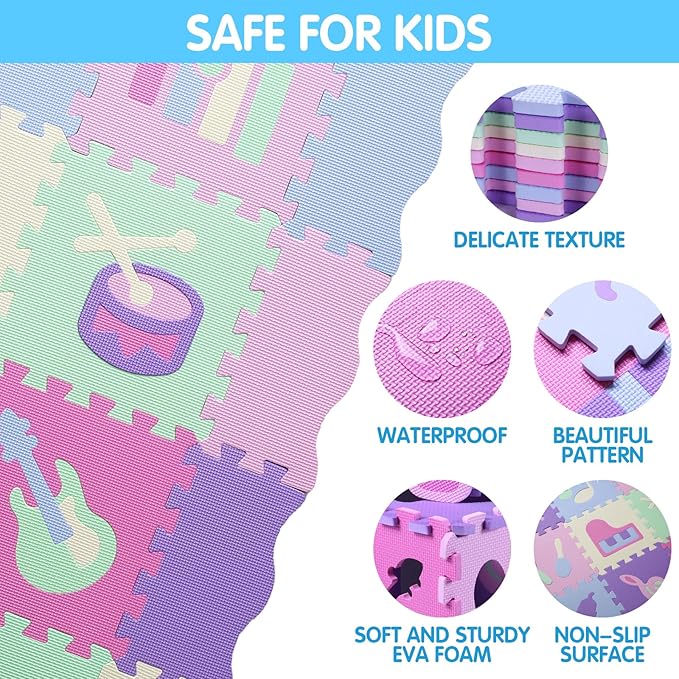 Foam Play Mat for Kids，25Pcs Square Interlocking Puzzle Floor Mat，Baby Play Mat Floor Mat Foam Puzzle Playmat for Toddlers with Fence（Musical Instrument-CSH016