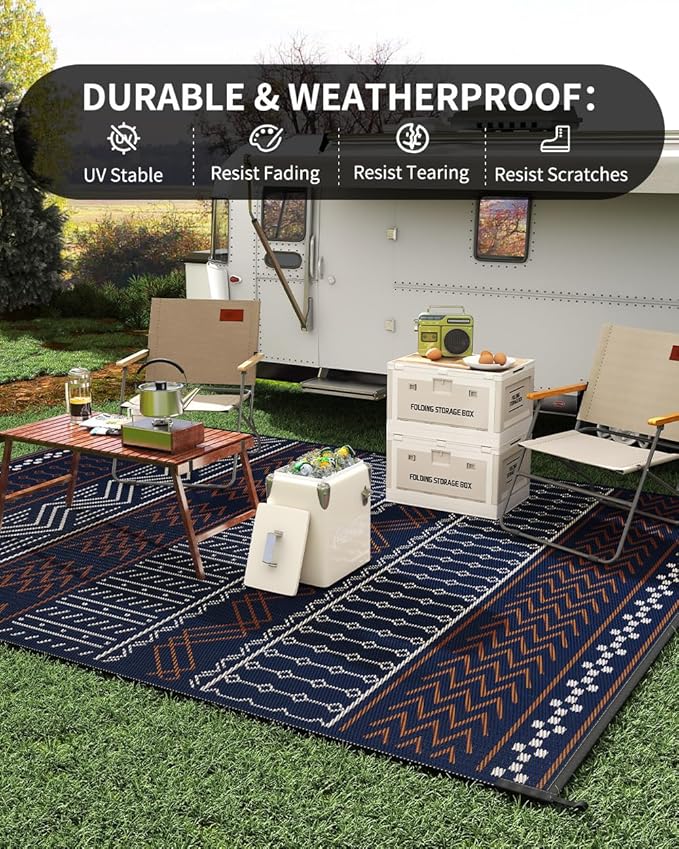 Outdoor Rug Carpet Waterproof 5x8 ft Patio Rug Mat Indoor Outdoor Area Rug for RV Camping Picnic Reversible Lightweight Plastic Straw Outside Rug for Patio Decor Decoration Boho Rug Navy Red