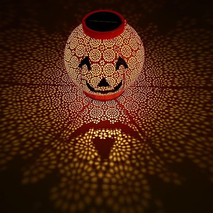 Halloween Decoration Hanging Solar Lantern Outdoor - Solar Powered Pumpkin Led Jack-O Lights, Waterproof Halloween Decor Metal Round Lantern for Yard, Patio, Pathway, Porch, Lawn, Garden, Outside