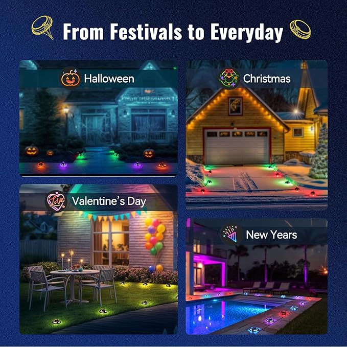 Solar Driveway Lights Outdoor 16 Pack, 9 Colors Solar Deck Dock Lights Outdoor Waterproof IP68, 3 Dynamic Light Modes, Driveway Marker for Warning Stair, Boat Dock, Step, Walkway, Patio Decor