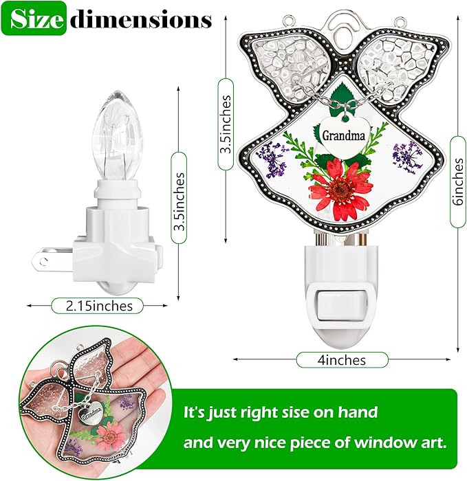 KY&BOSAM Night Light Grandma Stained Glass Angel Night Lights Plug Into Wall with Real Flower in Glass and Metal Charm Night Light for Nursery Bedroom Bathroom Accent Lite Elegant Home Decoration