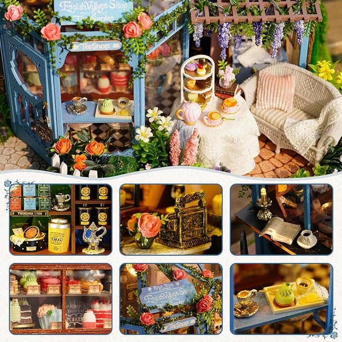 Fsolis DIY Miniature Dollhouse Kit for Adults - Tiny Scene House Mini Garden House Kit 3D Puzzles for Adults Gifts for Women Teenagers Craft Lovers (Rose Garden Tea House)