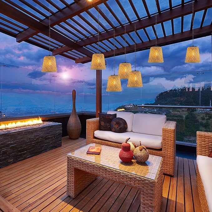 2-Pack Bamboo Woven Outdoor Chandelier Small Hanging Rattan Solar Pendant Lights Modern Retro Boho Pendant for Gazebo Yard Porch Patio Garden Backyard Decor