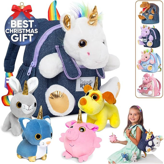 Naturally KIDS Toddler Unicorn Backpack w Plush Unicorn Toys, Gifts for 2-5 Year Old Girls, Toddler Backpack