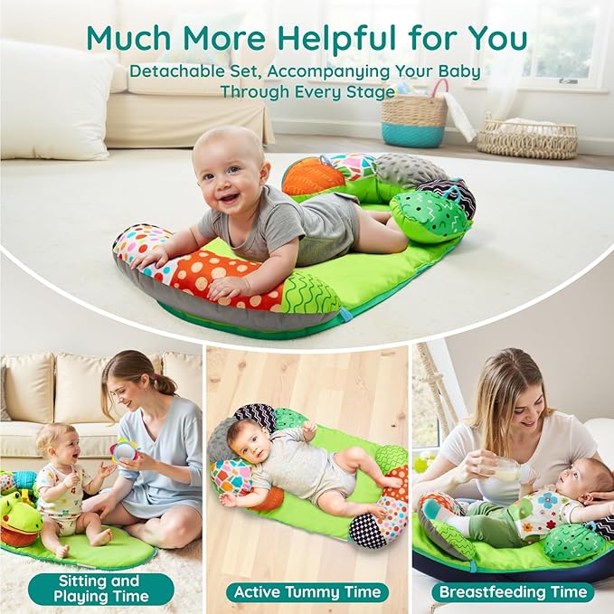 Lilian&Gema 2-in-1 Baby Tummy Time Mat & Support Pillow for Newborns and Babies, Adorable Alligator Design with Detachable Tummy Time Pillow, Soft Tummy Time Mat for Neck & Muscle Development