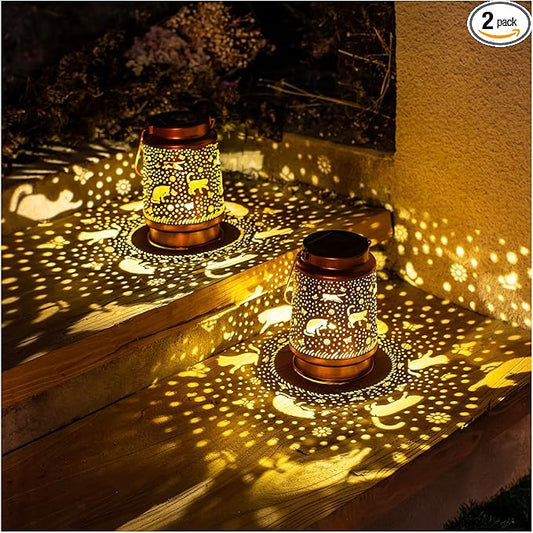 2 Pack Cat Solar Lanterns Outdoor Waterproof Hanging Solar Lights Cat Gifts for Women Men Metal Decorative LED Cat Lanterns for Garden Decor,Yard,Patio,Lawn,Tabletop,Pathway,Landscape